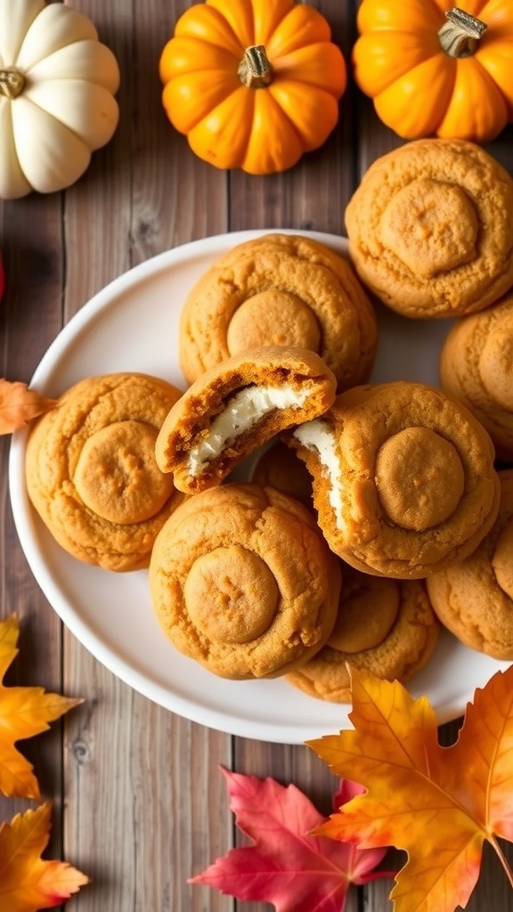 Pumpkin UFO Cookies Recipe A plate of Pumpkin UFO Cookies with creamy filling, surrounded by autumn decorations.